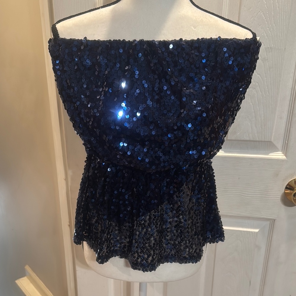 Boston Proper Elegant Navy Sequin Off-Shoulder Top